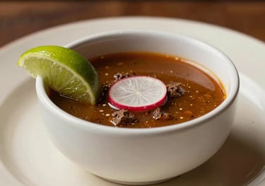 Close-up photography of signature beef birria served with a small bowl of savory consommé, garnished with fresh lime and radish. Elegant plating on a cream plate, soft focus background of an upscale North American / Mexican-American restaurant.