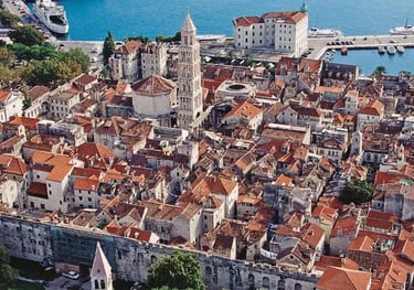Aerial view of Split old town with Diocletian’s Palace, Saint Domnius Cathedral and the harbour