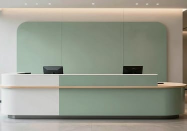 A minimalist and professional reception desk in a modern corporate building, featuring clean lines and Sage Green accents. Professional hospitality B2B environment.