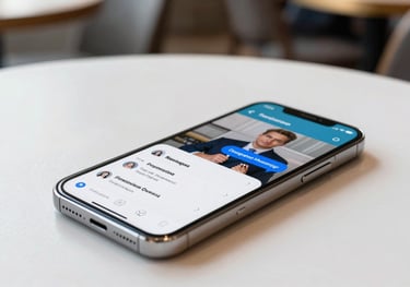 A modern smartphone showing a professional messaging interface, resting on a clean white tablecloth in a bright cafe. High-quality lighting, professional B2B context.