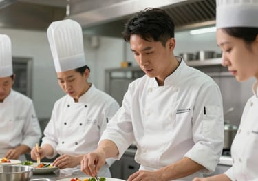 A professional trainer instructing a focused kitchen team in a modern culinary school or restaurant kitchen. Natural light, emphasize expertise and hands-on learning.