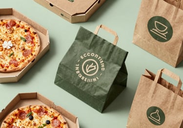 A top-down photograph of various eco-friendly food packaging samples like pizza boxes and branded paper bags arranged on a clean, light green surface.