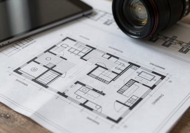 A detailed shot of a commercial kitchen blueprint and floor plan laying on a desk next to a professional tablet. Focus on precision and expert architectural planning.