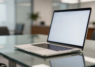 A close-up shot of a high-end laptop on a glass conference table in a modern corporate office, with a soft-focus hospitality setting in the background. Professional and efficient mood.
