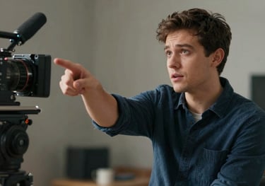 A young man directing a scene, pointing towards the set with a look of intense focus. He is wearing a dark slate blue shirt. The background is softly blurred cinema equipment.