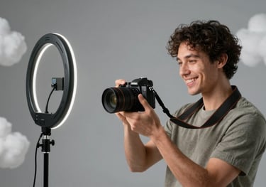 A vibrant shot of a content creator adjusting a ring light in a silver cloud grey studio. They are holding a sleek digital camera and smiling with professional energy.