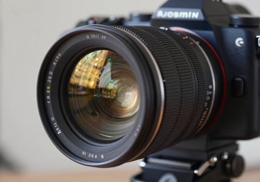 A close-up of a professional cinema lens, reflecting the golden lights of a film set. The body of the camera is a matte midnight navy.