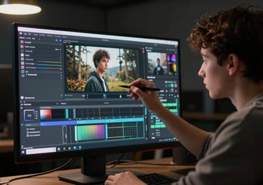 A side-profile shot of a student focused on a high-definition monitor, performing color grading on a cinematic scene. The room is dark with soft brass-colored accent lights.