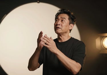 A professional actor in a spotlight, performing a dramatic scene in a dark studio. The lighting is a mix of off-white and warm gold, highlighting emotional intensity.
