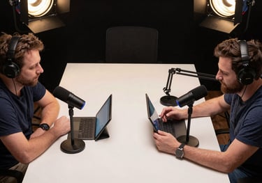 An overhead shot of a podcast recording session in progress. Two creators sit at a table with professional mics, tablets, and brass-colored lighting fixtures above them.
