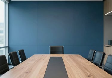 A minimalist photography shot of a modern government boardroom in Australia, featuring professional blue tones and bright natural light.