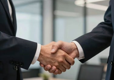 A close-up of a professional handshake between two people in business attire within a contemporary Australian office setting.