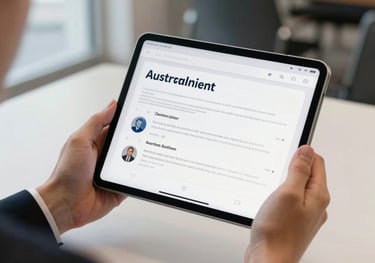 A focused shot of an Australian professional's hands using a tablet displaying a clean, professional interface in a brightly lit government building.