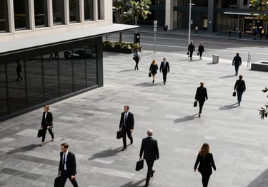 A high-angle view of a modern Australian city square with clean urban design and professional people walking to work.