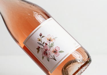 A bottle of Rosé wine with a delicate, personalized floral label design, professional studio photography on white background.
