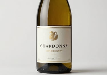 A bottle of Chardonnay wine with a sophisticated custom label in cream and gold tones, professional studio photography on white background.