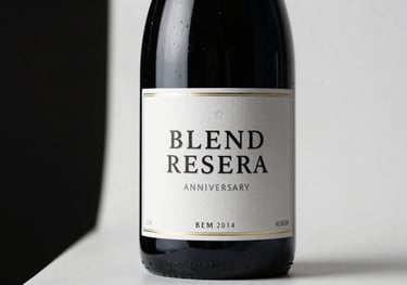 A bottle of Blend Reserva wine with a custom label celebrating an anniversary, professional studio photography on white background, sharp focus.