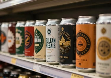 A row of colorful craft beer cans with modern labels displayed on a metal shelf in a South American / Brazilian shop, warm sand tones.