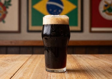 A tall glass of dark Stout beer on a warm sand colored wooden table, industrial South American / Brazilian decor in the background.