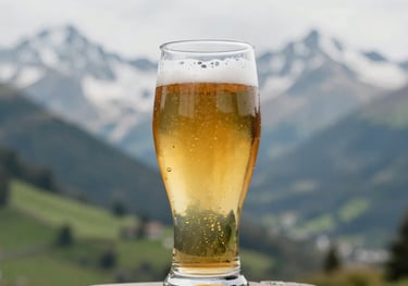 A glass of bright golden pilsner with a fine white head, held against a soft focus background of sage green valleys and soft snow white peaks.