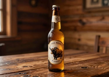 A golden-brown beer bottle with an elegant label featuring a yak, placed on an earthy brown wooden table inside a cozy mountain cabin.
