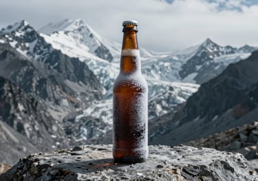 A frosty bottle of dark beer standing on a weathered stone, with the dark slate grey peaks and soft snow white glaciers of the Himalayas in the background.