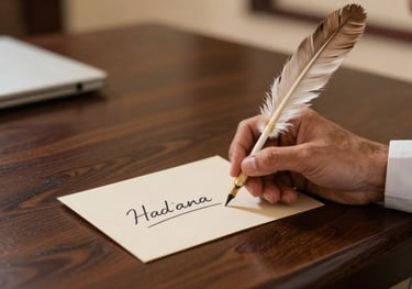 A guest hand-writing a suggestion on a pearl beige card in a Middle Eastern / Saudi Arabian hotel study area, with dark brown wooden desk and traditional quill.