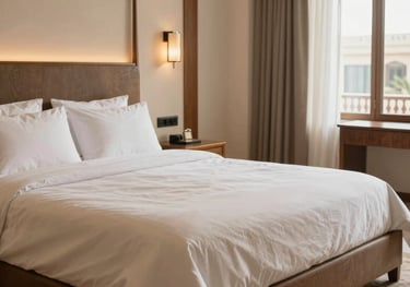 A luxurious bedroom interior in a Middle Eastern / Saudi Arabian boutique hotel, with pearl beige linens and medium brown wooden furniture, very serene atmosphere.