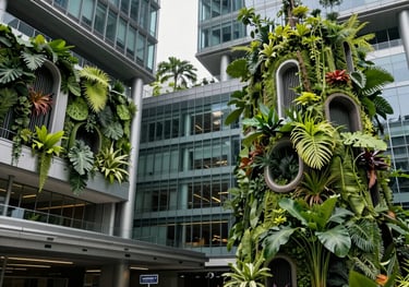 Photography of a high-tech Singapore university campus featuring lush vertical gardens and modern glass buildings. International Student / Global Audience in a professional setting.
