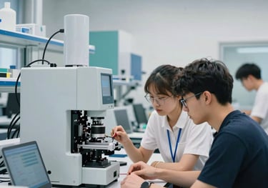 Photography of a modern engineering laboratory in Germany, students focused on a project with high-tech equipment. Clean, bright, light gray and teal color palette.
