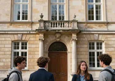 Photography of a historic European university facade with modern students of diverse backgrounds conversing. Soft morning light, professional and supportive mood.