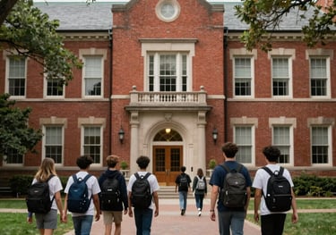 Photography of a classic red-brick university campus in the United States, students walking with backpacks through a tree-lined courtyard. International Student / Global Audience.