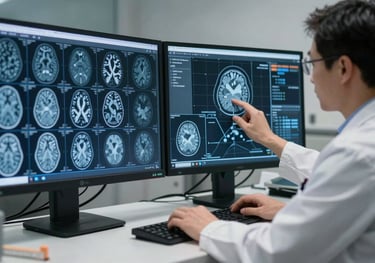 Photography of a scientist reviewing digital brain scans on high-resolution monitors in a dark navy and steel blue North American / US diagnostic center.