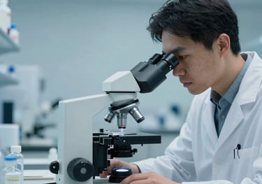 A professional photograph of a scientist in a North American / US lab focusing on a microscope, with a palette of sky blue, steel blue, and soft grey.