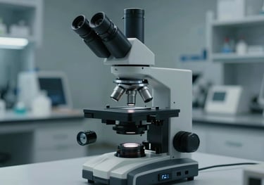 Photography of a high-power microscope in a clean, sophisticated North American / US biotech laboratory, utilizing a dark navy and soft grey color palette.