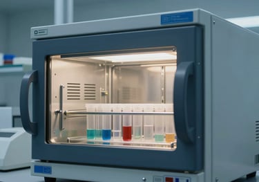A detailed photograph of a laboratory incubator with biological samples in a North American / US research facility, illuminated by sky blue and soft grey light.