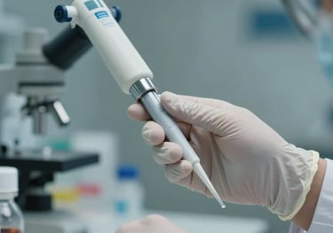 A close-up photograph of a scientist's hand in a nitrile glove holding a laboratory pipette in a modern North American / US clinic, illuminated with soft grey and steel blue lighting.