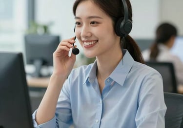 A friendly customer service representative smiling warmly while speaking on a headset in a brightly lit modern office in North America.
