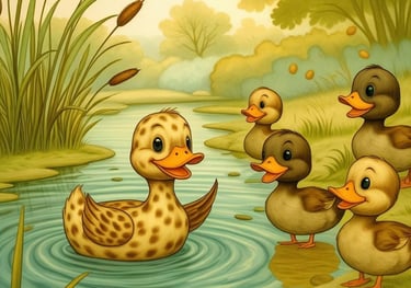 A cute cartoon illustration of an talking duckling and ducklings by a pond with cattails.