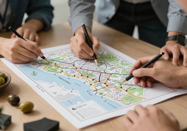 An agency team session showing a logistics map and a planner on a parchment-colored desk, surrounded by olives and dark charcoal stationery, planning a trip.