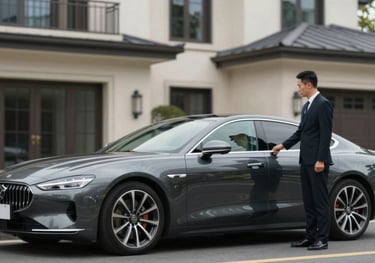 A sleek, dark charcoal luxury vehicle parked in front of a modern estate, with a chauffeur in a professional suit waiting to assist a guest.