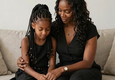 A parent assisting their child in filling out an application form at a warmly lit desk.