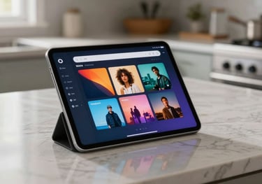 Photography of a modern tablet on a polished countertop in a bright North American kitchen, showing a vibrant streaming interface, elegant and clean composition.