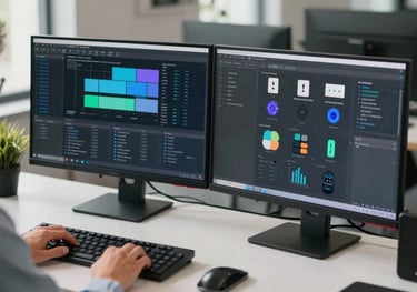 Photography of a professional person in a North American workspace using a dual-monitor setup, clean desk with modern peripherals.