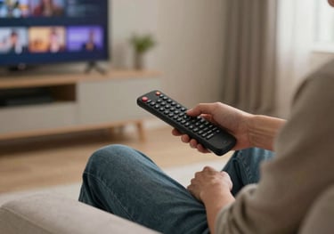 Photography of a person in casual attire sitting on a modern sofa in a US living room, using a remote to navigate a television menu, soft warm lighting.