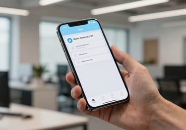 Photography of a premium smartphone held by a hand in a modern office, displaying a clean application interface with light blue accents, North American / US setting.