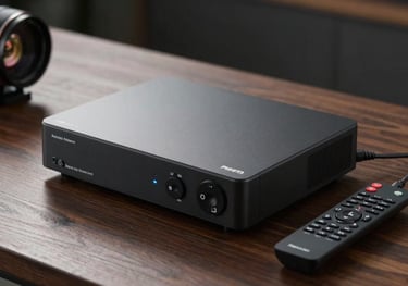 Photography of high-end streaming hardware and a sleek remote on a dark wood table, elegant side lighting, North American / US context.