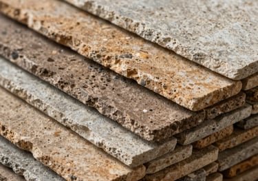 A stack of natural stone cladding tiles in various shades of warm brown and light gray, textured surface, professional product photography.