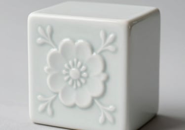 A close-up photograph of a white glazed ceramic roster block with a floral pattern, set against a clean minimalist background, soft natural lighting, elegant and clean look.
