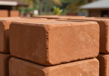 High-quality traditional terracotta clay roster blocks stacked neatly, showing rich orange-brown textures, warm natural daylight, Indonesian tropical vibe.